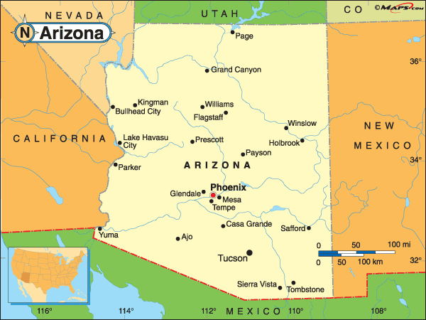 Major Cities In Arizona Map Arizona Base and Elevation Maps